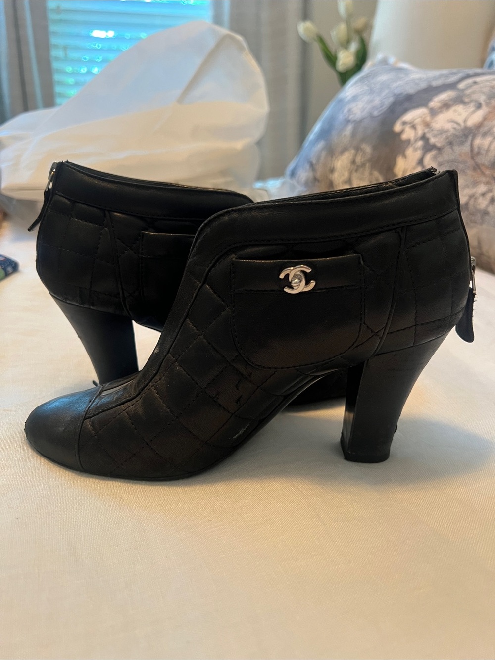 CHANEL Black Quilted Leather Ankle Booties with Silver CC Hardware